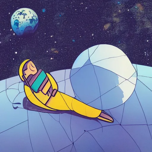 Prompt: a man laying on a star in space, sad, melancholy, album art,