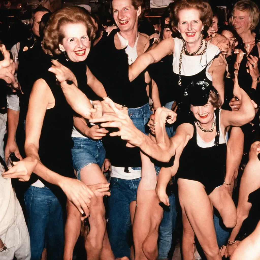 Image similar to margaret thatcher smiling, dancing in a night club wearing a black crop tank top and jeans shorts, photography