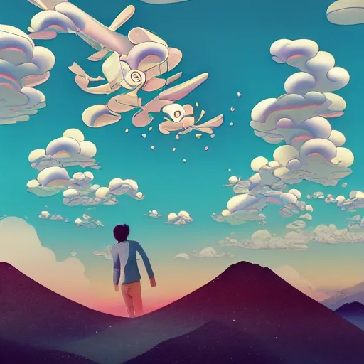 Image similar to a man walking on clouds away from the camera above kyoto by takashi murakami, beeple and james jean, aya takano color style, 4 k, super detailed, modern, 4 k, symmetrical