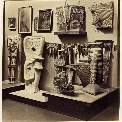 Image similar to An offset photography of an object on display, three colors, anthropology of wonder, (exotic artifacts), bauhause, tropicalism, colonial expedition, exhibition, 60s style