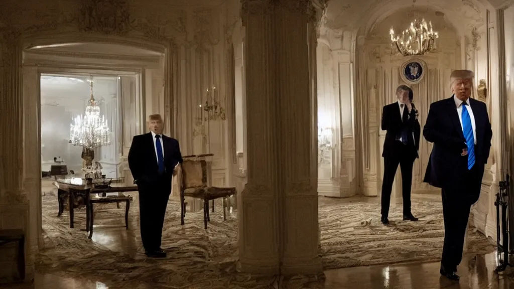 Prompt: President Trump seeing his Mar-El-Lago apartment being raided by the FBI in the middle of the night, atmospheric promotional shot for a HBO TV Series