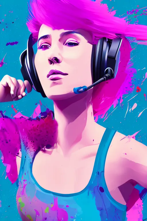 Image similar to a award winning half body portrait of a beautiful woman in a croptop and cargo pants with ombre purple pink teal hairstyle with head in motion and hair flying listenin to music on headphones by wlop, paint splashes and splatter, outrun, vaporware, shaded flat illustration, digital art, trending on artstation, highly detailed, fine detail, intricate