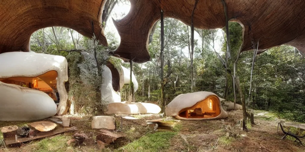 Image similar to cozy residence made from an enormous amantia mushroom