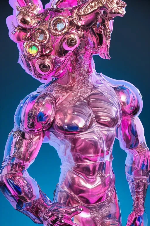 Prompt: hyper detailed ultra sharp fullbody photo of baroque and cyberpunk transparent pink ceramic sculpture of a muscular seductive muscular italian guido feeling muy cachondo, muy dotado, iridescent humanoid deity wearing pink plastic seethrough cloak, holding a rainbow tiger gem, blue diamond, glowing pink face, crown of white diamonds, cinematic lighting, photorealistic, octane render 8 k