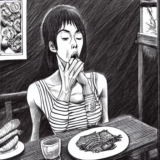 Image similar to A woman at dinner eating raw meat, Highly detailed ,horrible,pencil drawing, by Junji Ito