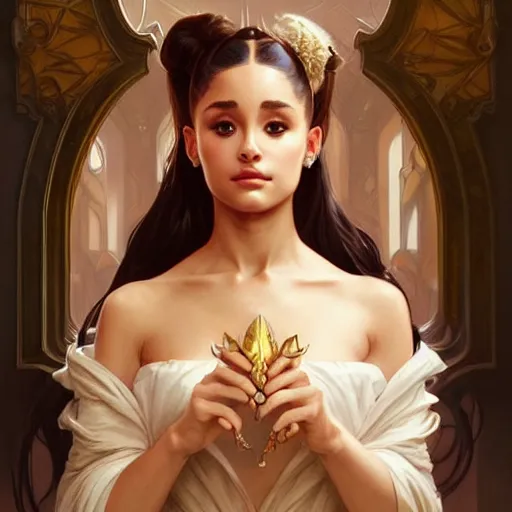 Prompt: Ariana Grande, fantasy, intricate, elegant, highly detailed, digital painting, artstation, concept art, matte, sharp focus, illustration, art by Artgerm and Greg Rutkowski and Alphonse Mucha