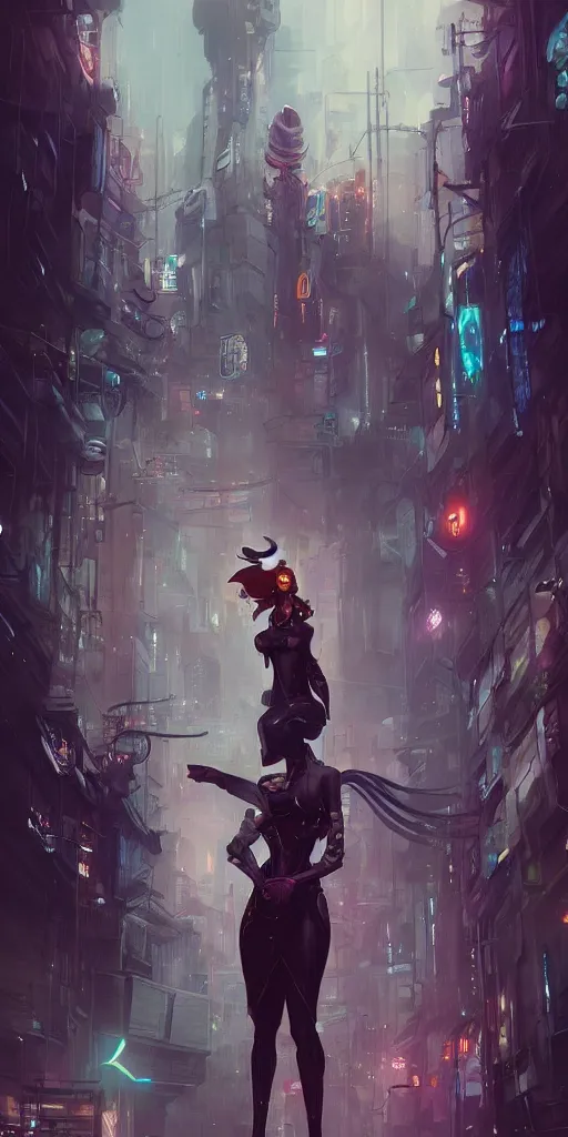 Image similar to a detailed concept art of a single woman against the background of an cyberpunk city , artstation, by Peter Mohrbacher, Art Nouveau, sophisticated, Unreal engine, intricate