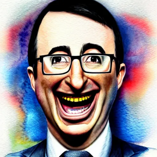 Prompt: John Oliver, manically laughing, insanity in his eyes, watercolor, hyper detailed, hyper realistic, portrait, cloese-up, by Ed Emshwille.