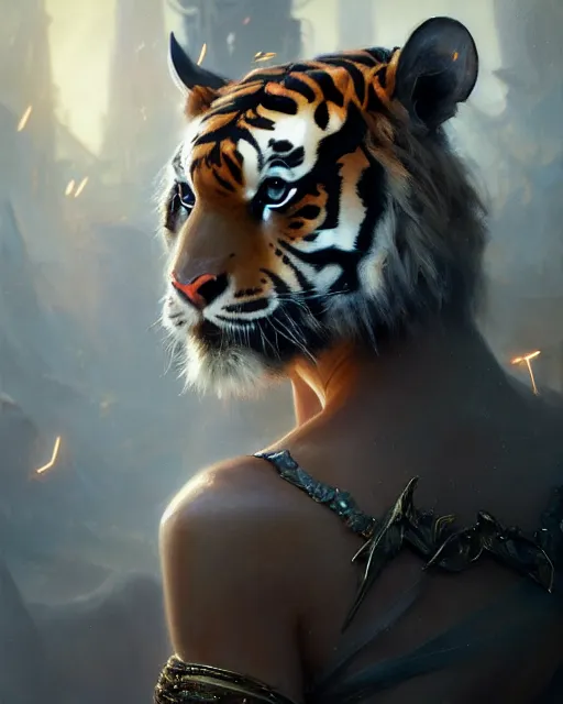 Image similar to daniel gerhartz and wlop and tom baghshaw, detailed portrait, digital painting of a beautiful half - tiger half - woman, evil mood, throne room in the background, embers flying, unreal engine, hyper realism, realistic shading, cinematic composition, blender render, octane render, ultrawide shot