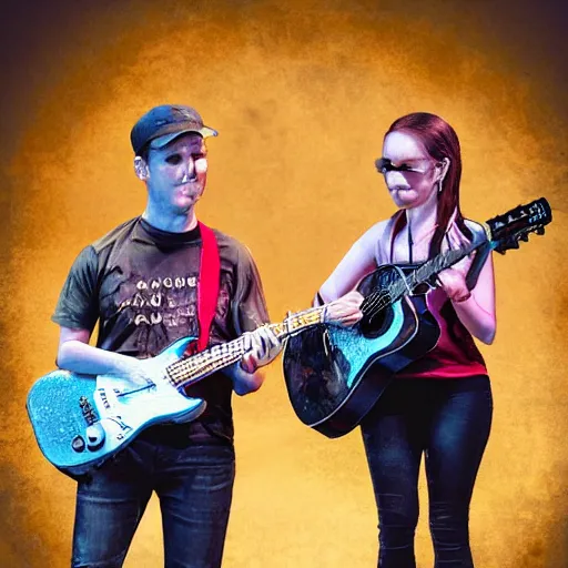 Image similar to realistic photograph of two mosquitos playing two guitars, on a stadium stage, in front of a large audience