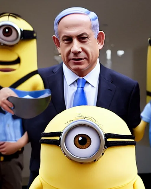Image similar to benjamin netanyahu in a really well made minion cosplay, highly detailed, intricate