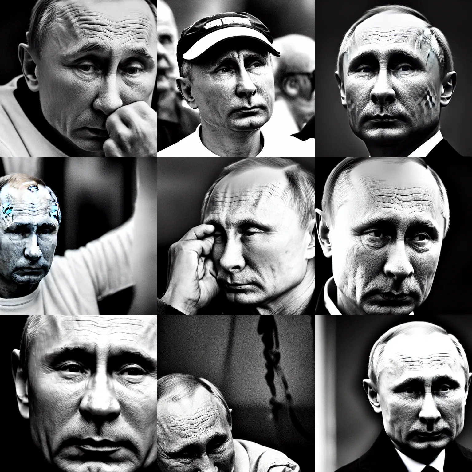 Prompt: a very sad fate of vladimir putin at his old age in prison. detailed black and white photo by professional photographer world press photo award