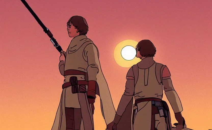 Image similar to luke skywalker looking at tatooine two suns sunset by ghibli