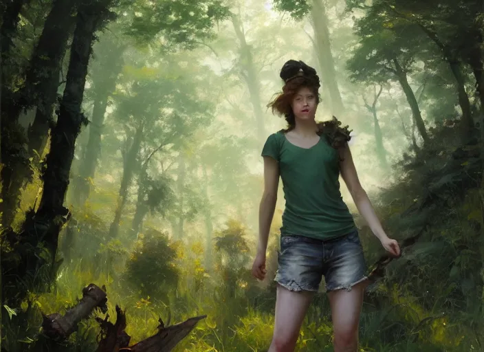 Prompt: a full body portrait of a woman wearing jorts and a tshirt, fantasy forest landscape at day, rule of thirds, digital painting by sargent and leyendecker, fantasy, medium shot, intricate, matte painting, verdant gradient, dynamic lighting, detailed, by greg rutkowski and greg tocchini and james gilleard and joe fenton and greg manchess