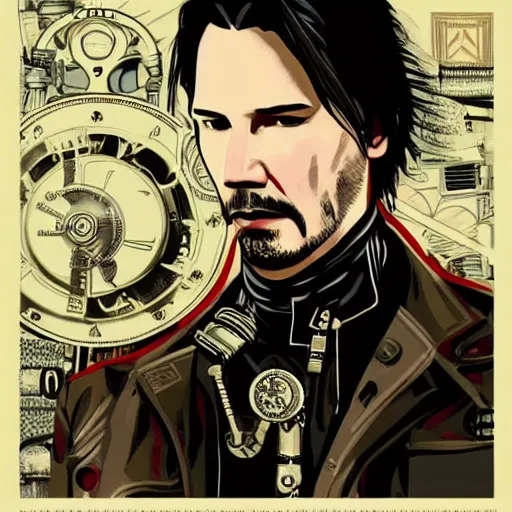 Prompt: Illustrated by Shepard Fairey and H.R. Geiger | Steampunk Keanu Reeves with VR helmet, surrounded by cables