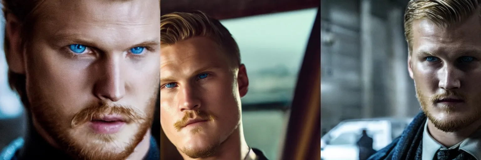Prompt: close-up of Alexander Ludwig as a detective in a movie directed by Christopher Nolan, movie still frame, promotional image, imax 70 mm footage