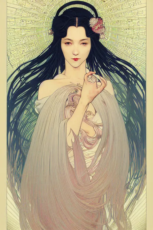 Image similar to magnum opus portrait digital painting female holding white hair glowing, blush, pleated skirt, flowing hair, slim face, elegant, alphonse mucha, by yoichi hatakenaka, masamune shirow, josan gonzales and dan mumford, ayami kojima, takato yamamoto, barclay shaw, karol bak, yukito kishiro