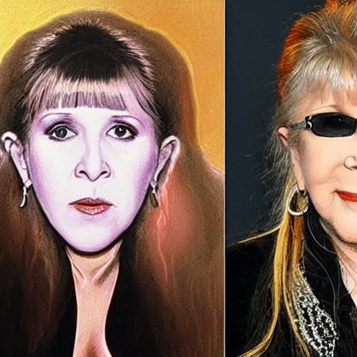 Image similar to carrie fisher and stevie nicks are the same person, perfect portrait demonstrating the hybrid of the two people as one person, painting