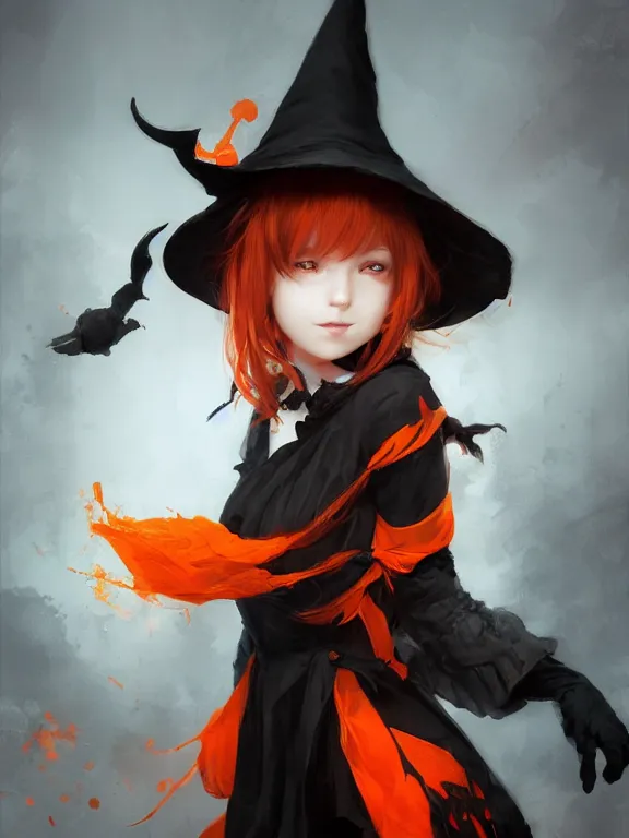 Image similar to Full shot of a cute mischievous young witch about to get up to some trouble. Black and Orange palette. By Ruan Jia and Artgerm and Range Murata and WLOP and CLAMP. Key Art. Fantasy Illustration. award winning, Artstation, intricate details, realistic, Hyperdetailed, 8k resolution.