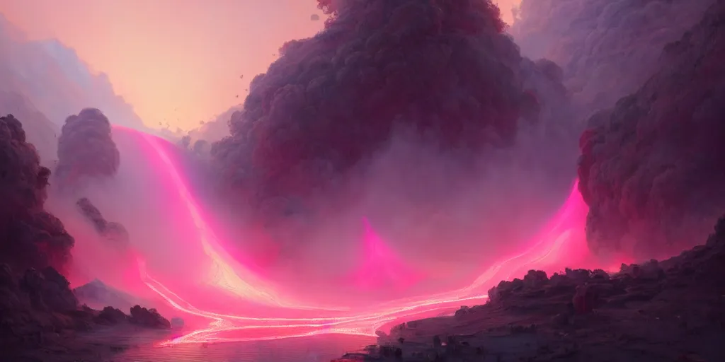 Prompt: a pink volcano flowing through the streets of a ancient greek city, extremely detailed digital painting, in the style of fenghua zhong and ruan jia and jeremy lipking and peter mohrbacher, mystical colors, rim light, beautiful lighting, 8 k, stunning scene, raytracing, octane, trending on artstation