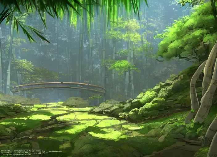 Prompt: deep in a japanese bamboo forest with waterfall on a hilly side, ancient ruined temple in distance, sunny, cartoony, anime style, mid day, realistic lighting, by ghibli studio, arcane, wild rift, trending on artstation, 4 k, hd