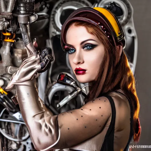 Prompt: portrait photo of a mechanic steampunk beauty, 8 k, masterpiece, pinup, highly detailed, smooth, sharp focus