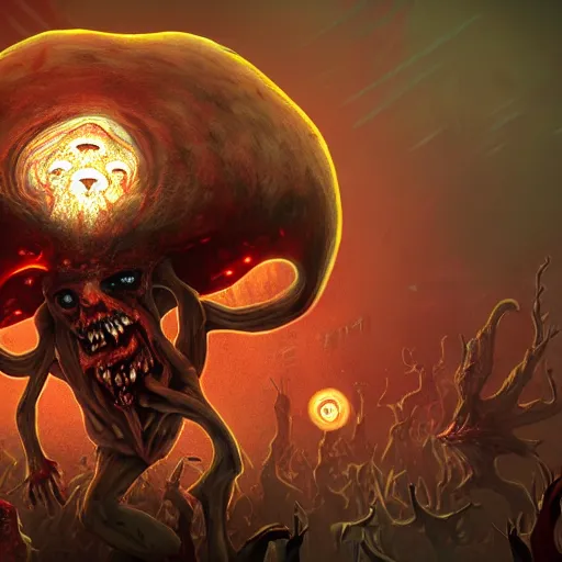 Image similar to Infected mushroom, zombified mushroom with facial features, style of Infected mushroom cover art, monstrocity big mushroom pose, micro lens, infection, epic psycho, pose, enlightment, illumination, epic digital art, HD Quality, Artstation, UHD 4K image