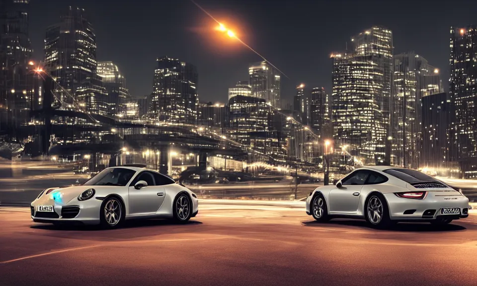 Image similar to photo of a porsche 911 at night in a city, cinematic, 4k, panavision, long exposure photography