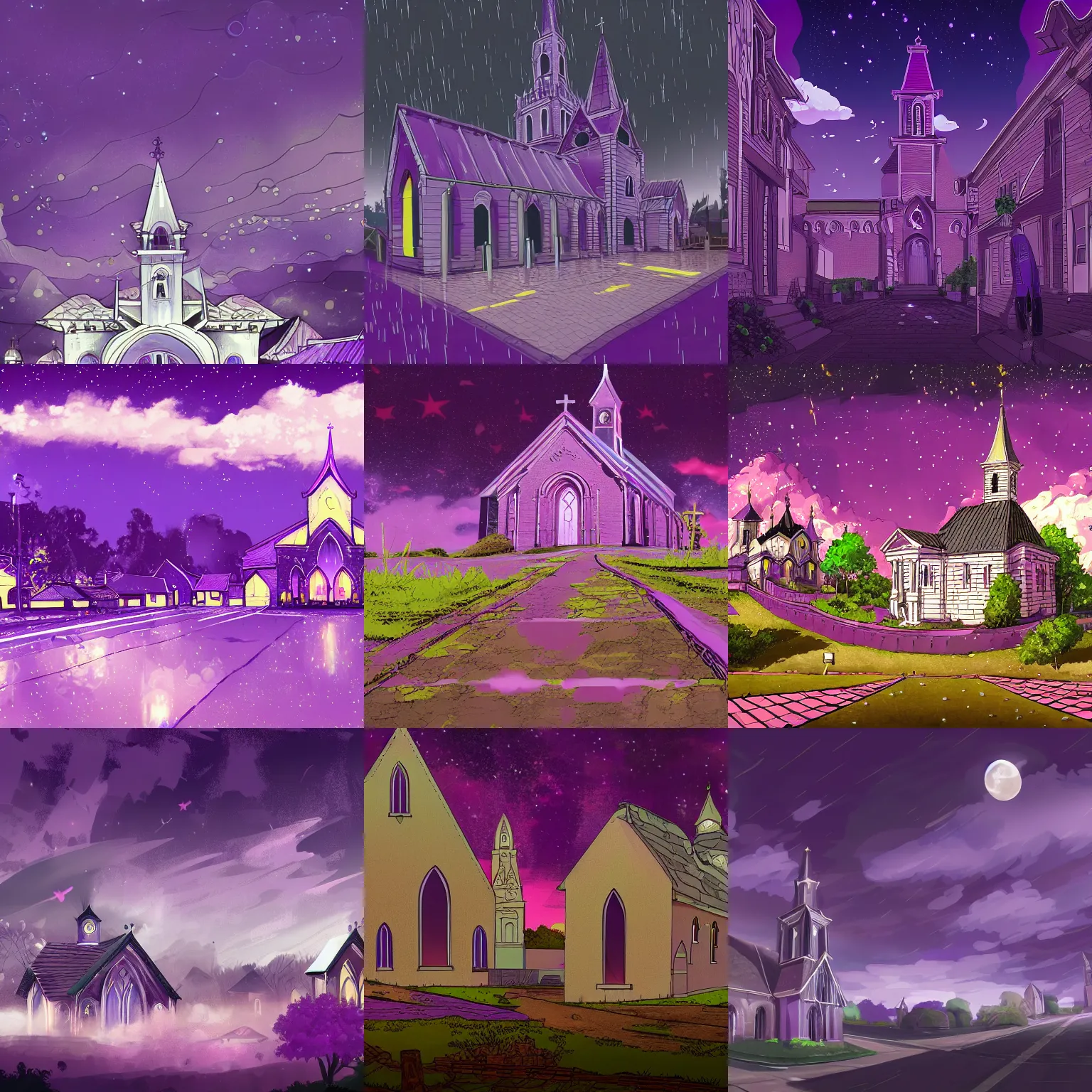 Prompt: purple church and wet ground under night sky,anime background,85mm,very detailed,trending on artstation, view from below