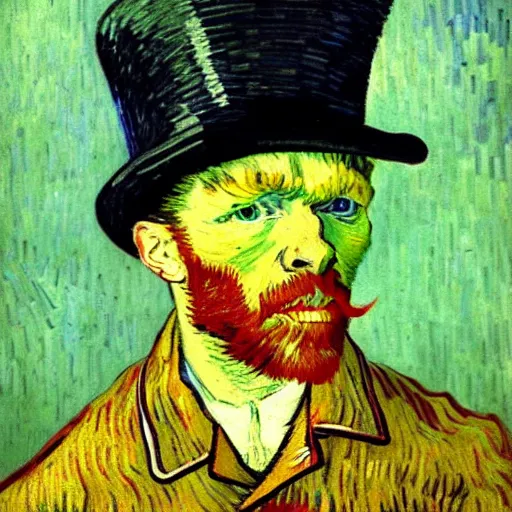 Image similar to a van gogh painting of a scp 1 7 3 wearing a top hat, 4 k, hyper realistic, dslr, landscape, high resolution
