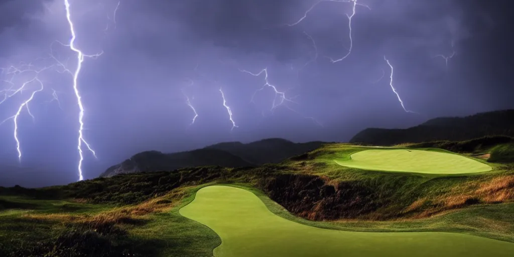 Image similar to a great photograph of the most amazing golf hole in the world, on top of the clouds, lightning storm, ambient light, golf digest, top 1 0 0, fog