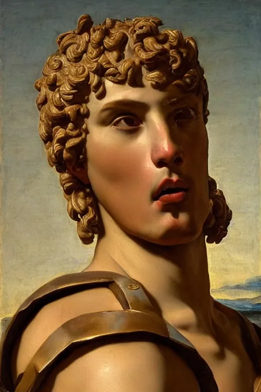 Prompt: renaissance painting of beautiful man, short hair, crying face, tears dripping from the eyes, emotions closeup, dressed in roman armour, ultra detailed, made in bronze, art by Guido Reni style, Vincenzo Catena style