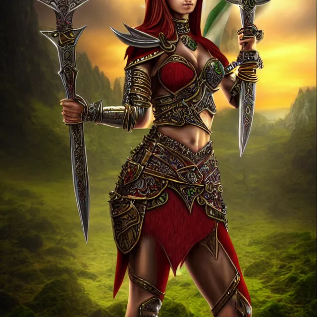 Prompt: warrior elf queen, highly detailed, 4 k, hdr, smooth, sharp focus, high resolution, award - winning photo, illustrated by anne stokes