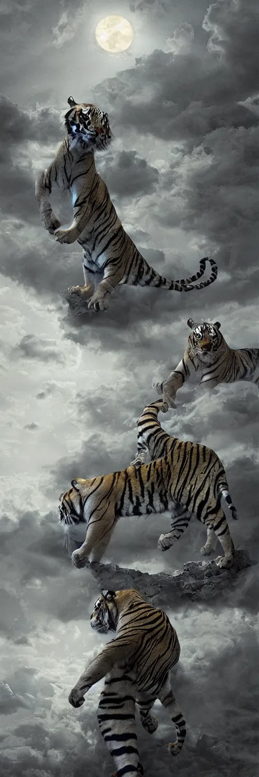 Image similar to a full side view Bengal Tiger walking parallel to 1950 3 storey plain block apparent, dramatic moonlight with some clouds, cinematic lighting, ultra detailed, highly detailed, sharp focus, scene et observed by 2 scaired blond European boys, photographic, art by artgerm and greg rutkowski and zdislav beksinski