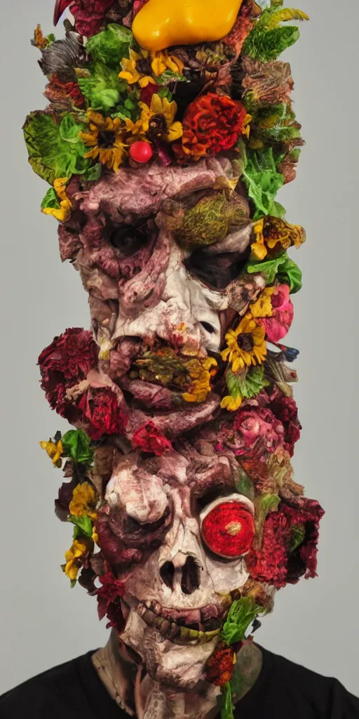 Image similar to portrait of a zombie punk, head made of fruit and flowers in the style of arcimboldo, photorealistic, dynamic lighting, action figure, clay sculpture, claymation, soft multicolor background