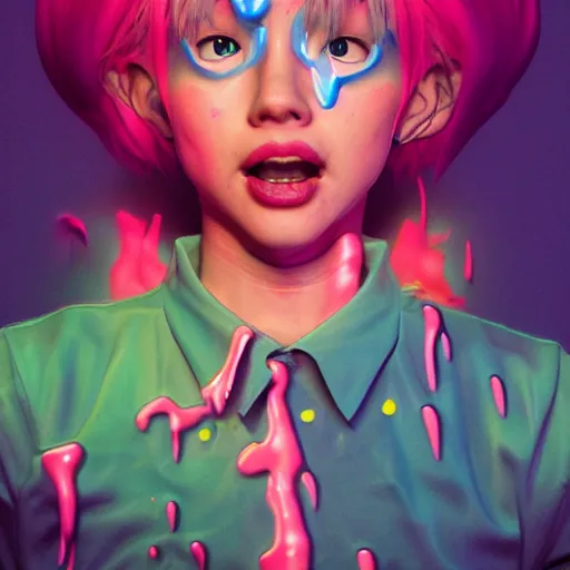 Image similar to born again christian tiktok influencer eating melting crayons and winking to their followers, in the style of james jean, artstation trending, 8 k, 3 d render, photorealistic, volumetric lighting caustics, pink