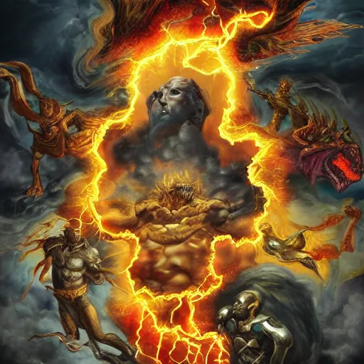 Prompt: Four Horseman of the Apocalypse killing god and destroying his kingdom with lightning, lightning in the shape of a face surrounded by golden layers of fire