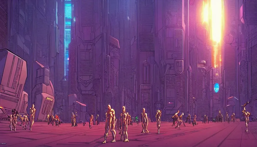 Prompt: metahumans and androids holding laser canons, fractals, cyberpunk city street, visual development by jean giraud and moebius, incal!!!!!!, dynamic lighting, daylight