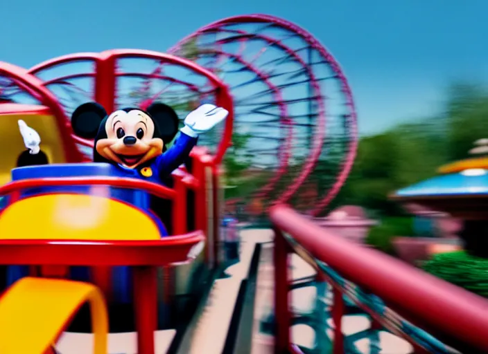 Image similar to film still of a bunny riding a roller coaster in disneyland paris, 8 k