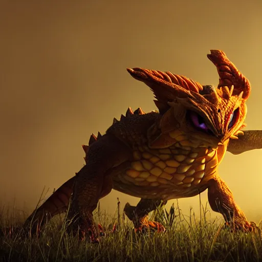 Image similar to real life Pokemon, creepy!!!, scaly!!!, menacing!!!, grotesque!!!, evil!!!, ultra realistic, golden hour, fog, volumetric lighting, sharp focus