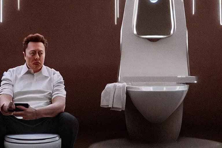 Prompt: hyperrealism aesthetic ridley scott and denis villeneuve style photography of a detailed hyperrealism elon musk, siting on a detailed sci - fi toilet and scrolling his smartphone in hyperrealism scene from detailed art house movie in style of alejandro jodorowsky and wes anderson