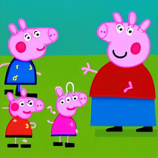 Image similar to peppa pig robbing a bank, digital art