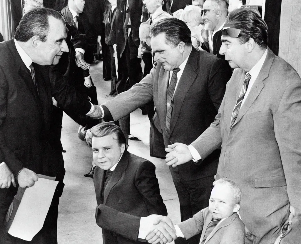 Prompt: Eric Cartman shaking hands with Richard Nixon, close-up photograph