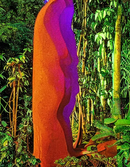 Image similar to vintage color photo of a giant 1 1 0 million years old abstract sculpture made of light rays and liquid gold covered by the jungle vines