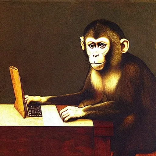 Prompt: Monkey working on a computer and drinking rum, Leonardo da Vinci painting