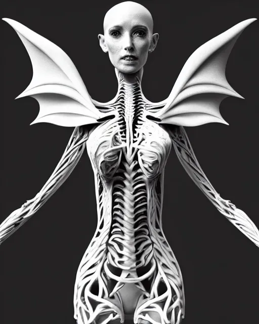 Image similar to a black and white 3D render of an elegant full figure young female angelic-dragon-cyborg with a very long neck, Mandelbrot fractal, anatomical, flesh, facial muscles, veins, arteries, full frame, microscopic, highly detailed, flesh ornate, elegant, high fashion, rim light, 150 mm lens, octane render in the style of H.R. Giger and Man Ray, Realistic, Refined, Digital Art, Highly Detailed, Cinematic Lighting, rim light, photo-realistic Unreal Engine, 8K