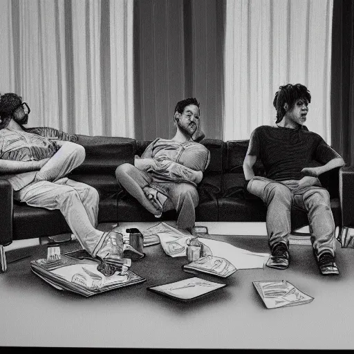 Prompt: 3 dudes sitting on a couch watching tv. smoking cigarettes, drinking cough syrup. pencil and ink drawing. high detail, 4 k, octane render,