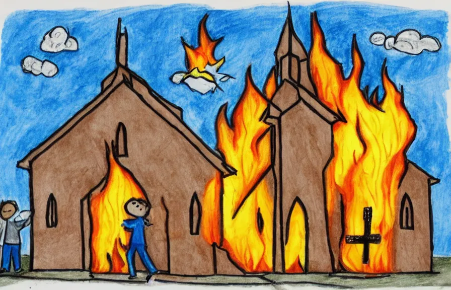 Image similar to church on fire, children drawing