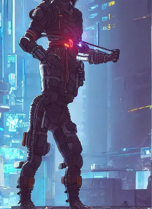 Image similar to apex legends cyberpunk weight lifter. concept art by james gurney and mœbius. cinematic, dramatic lighting ( cyberpunk 2 0 7 7 ), clean aesthetic