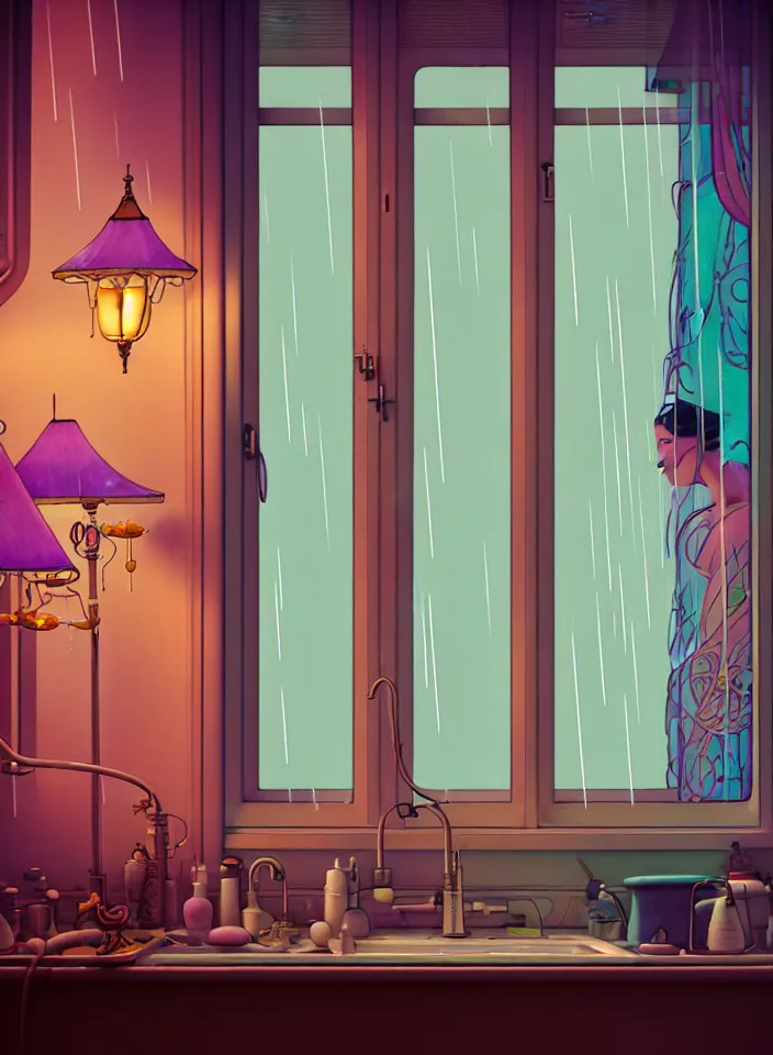 Prompt: telephoto 7 0 mm f / 2. 8 iso 2 0 0 photograph depicting the feeling of chrysalism in a cosy cluttered french sci - fi art nouveau cyberpunk apartment in a pastel dreamstate art style. ( computer screens, window ( rain ), sink, lamp ( ( ( fish tank ) ) ) ), ambient light.